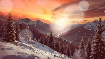 A serene winter landscape at dusk with snow-covered trees in the foreground, a meandering river, majestic mountains, and a full moon above video