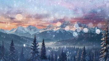 A serene winter landscape at dusk with snow-covered trees in the foreground, a meandering river, majestic mountains, and a full moon above video