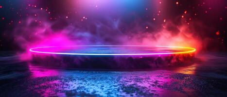 A large, colorful, and glowing circular area with a lot of smoke and fire by image photo