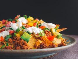 Side view of loaded minced pork nachos on plate with black wall background photo