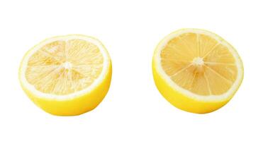 Side view set of fresh yellow lemon halves isolated on white background with clipping path photo