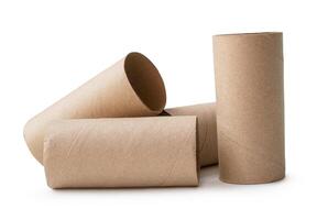 Side view of brown tissue paper cores in stack isolated on white background with clipping path photo