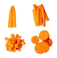 Top view set of orange carrot slices or pieces in stack isolated on white background with clipping path photo