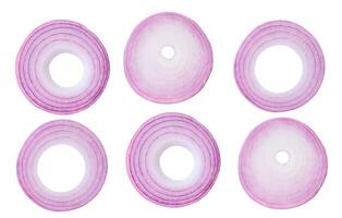 Top view set of red or purple onion slices or onion rings isolated on white background with clipping path photo