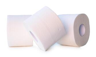 Side view of three tissue paper rolls or toilet paper in stack isolated on white background with clipping path photo