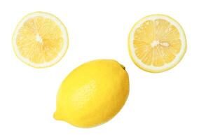Top view set of fresh yellow lemon fruit with halves or slices scattering isolated on white background with clipping path photo