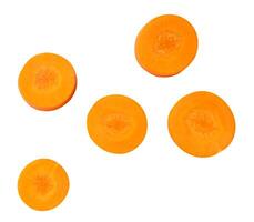 Top view set of fresh beautiful orange carrot slices or pieces scattering isolated on white background with clipping path photo