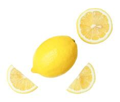 Top view set of beautiful yellow lemon fruit with half and slices or quarters isolated on white background with clipping path photo