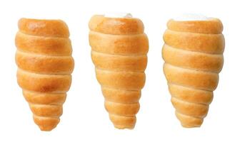 Top view set of puff pastry cream horns scattering isolated on white background with clipping path photo