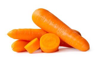 Front view and side view of fresh beautiful orange carrots with slices or pieces in stack isolated on white background with clipping path photo