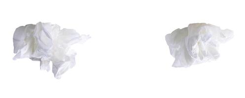 Top view set of screwed or crumpled tissue paper balls after use in toilet or restroom isolated on white background with clipping path photo