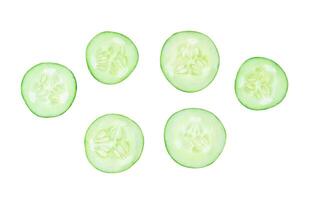 Top view set of green cucumber slices or pieces isolated on white background with clipping path photo