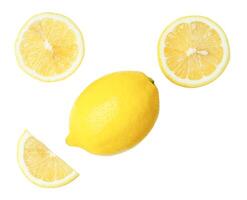 Top view set of beautiful yellow lemon fruit with halves and slices or quarters isolated on white background with clipping path photo
