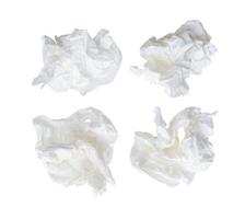 Top view set of white screwed or crumpled tissue paper ball after use in toilet or restroom isolated on white backgroud with clipping path photo