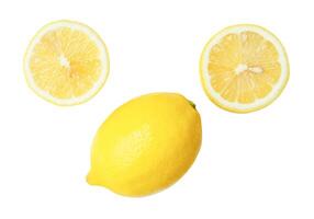 Top view set of beautiful yellow lemon fruit with half and slices or quarters isolated on white background with clipping path photo