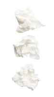 Top view set of screwed or crumpled tissue paper ball after use in toilet or restroom isolated on white background with clipping path photo