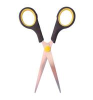 Top view of a pair of small multipurpose scissors with black handle isolated on white background with clipping path photo