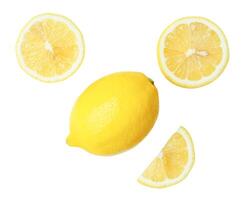 Top view set of beautiful yellow lemon fruit with half and slices or quarters isolated on white background with clipping path photo