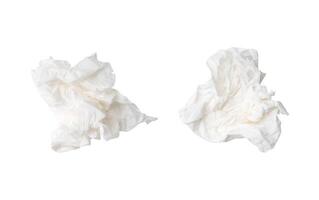 Top view set of screwed or crumpled tissue paper ball after use in toilet or restroom isolated on white background with clipping path photo