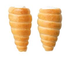 Top view set of puff pastry cream horn scattering isolated on white background with clipping path photo