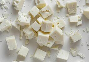 Diced white cheese on the table, top view. White background. photo