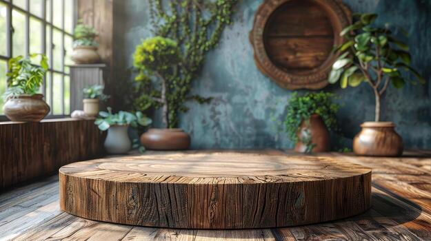 A wooden table with a vase of flowers on it photo