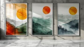 Three abstract paintings with red and black circles and white background photo