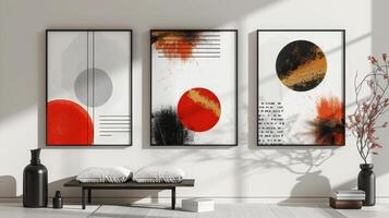 Three abstract paintings with red and black circles and white background photo