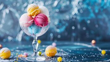 A bowl of ice cream with a variety of colors and a bunch of berries photo