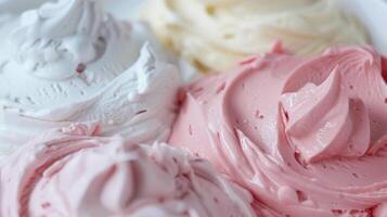 A row of colorful ice cream balls on a white background photo