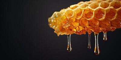 Honey dripping from honeycomb on black background photo