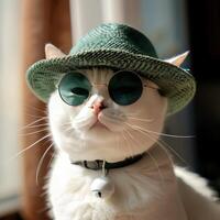 A White Cat Sitting and Wearing a Black Sunglasses and Green Colour Round Hat on head photo