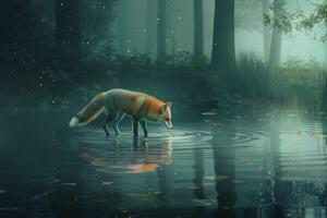Nine tailed kitsune spirit walking across the top of a tranquil lake in a forests at night causing ripples to spread out photo