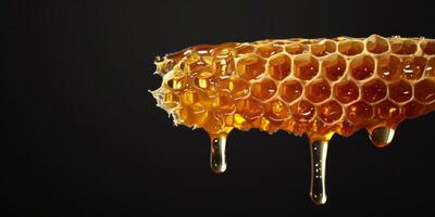 Honey dripping from honeycomb on black background photo