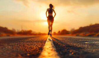 Determined Athlete Woman Running on Road at Sunrise for Cardio Workout and Marathon Training in Active Lifestyle photo