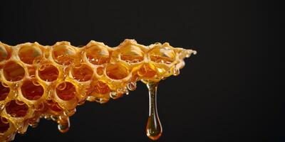 Honey dripping from honeycomb on black background photo
