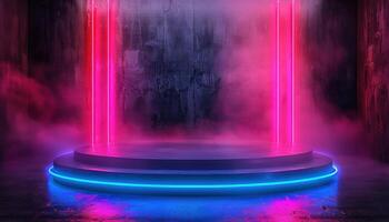 A futuristic neon blue and red circular arch with glowing lights on the sides of an empty podium stage photo