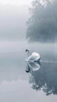 Serene Swan Majestic Bird Gliding Across Misty Lake in Tranquil Beauty photo
