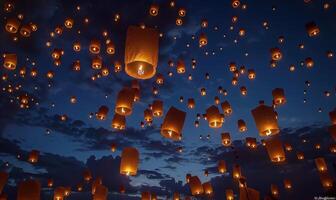 Illuminated Sky Lanterns Drifting in Evening Sky at Colorful Festival photo