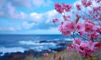 Serene Floral Pink Blossom overlooking Tranquil Ocean Scene photo