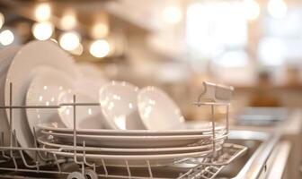 Sparkling Clean Dishes in Dishwasher Tray with Blurry Background for Advertisement Space photo