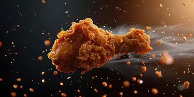 A spicy crispy fried chicken is flying in the air. photo