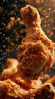 A spicy crispy fried chicken is flying in the air. photo