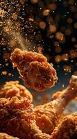 A spicy crispy fried chicken is flying in the air. photo