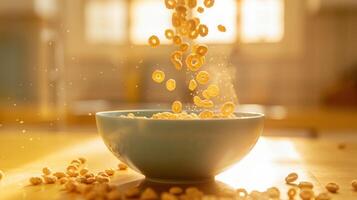 A corn flakes in a bowl on a flying the air photo