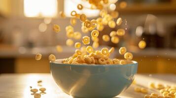 A corn flakes in a bowl on a flying the air photo