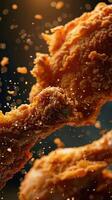 A spicy crispy fried chicken is flying in the air. photo