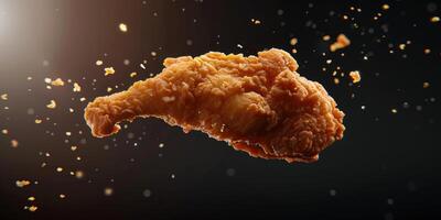 A spicy crispy fried chicken is flying in the air. photo