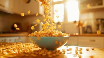 A corn flakes in a bowl on a flying the air photo