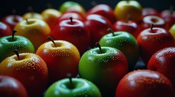 fake plastic apples, synthetically engineered in labs rather than grown from nature's seeds background illustration. - photo